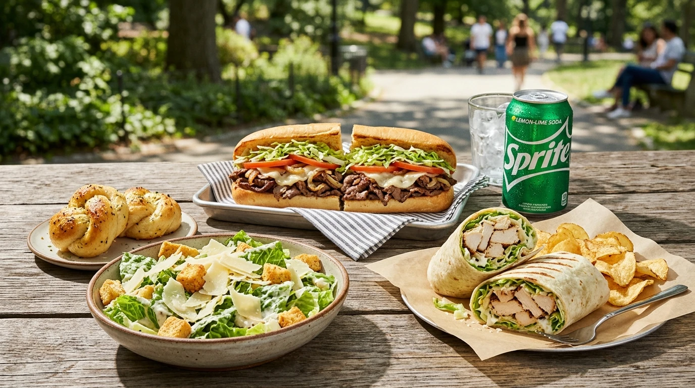 A Caesar Salad, a Chicken Caesar Wrap, a Ribeye Philly Cheese Steak and a can of Sprite